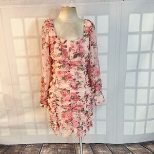 Parisian Floral Ruched Puff Sleeve Mini Dress Pink Size 12 NWT